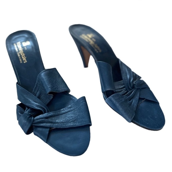 VINTAGE 1980s Italian Navy Blue Leather Cross strap Heels Size 8 Never Worn NWOT - Picture 1 of 6